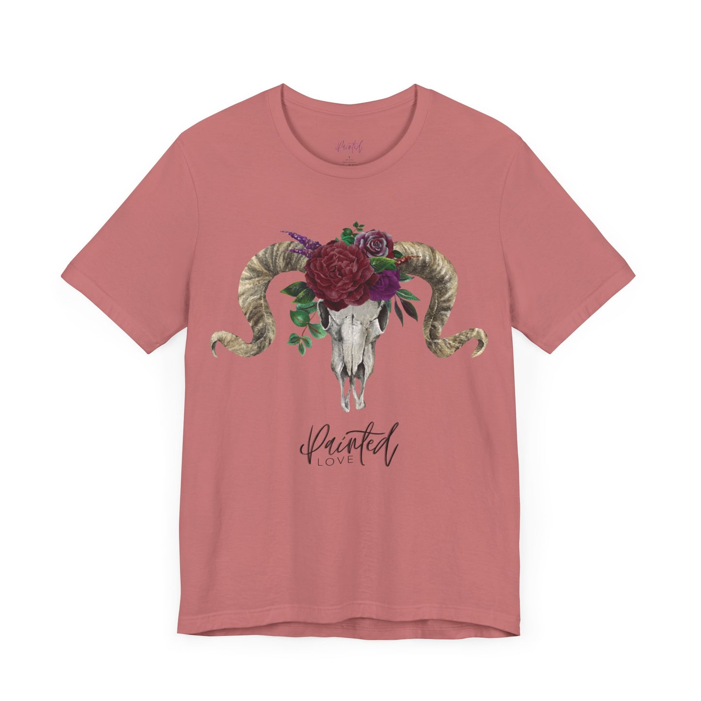 Ram Skull and flowers Unisex Tee, Burgundy Flowers