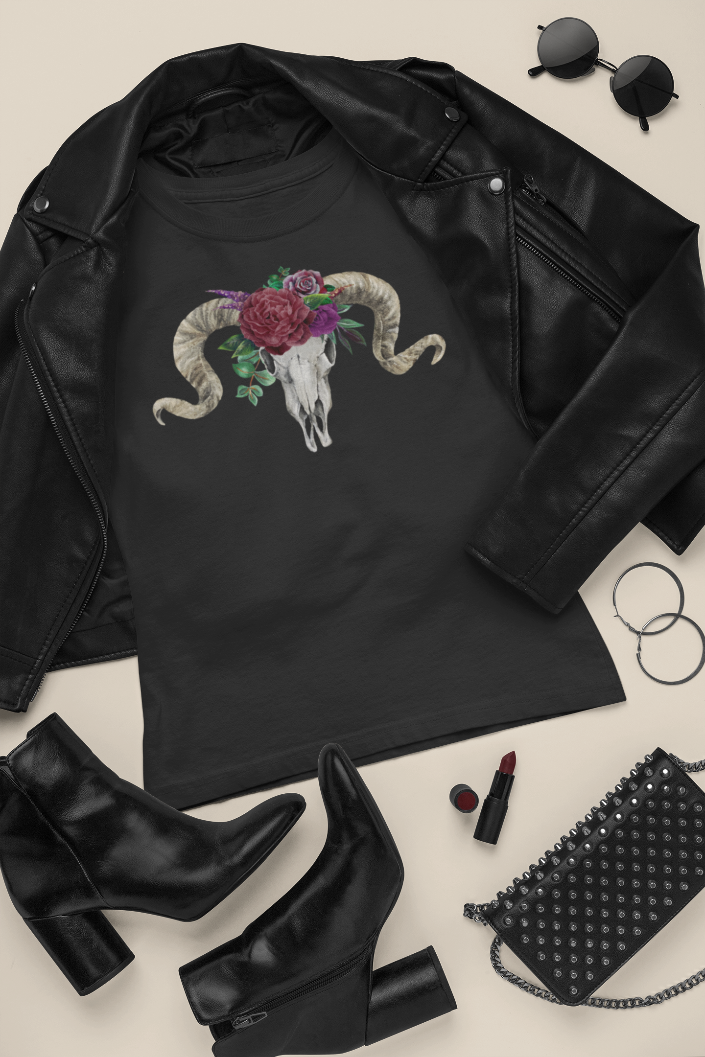 Ram Skull and flowers Unisex Tee, Burgundy Flowers