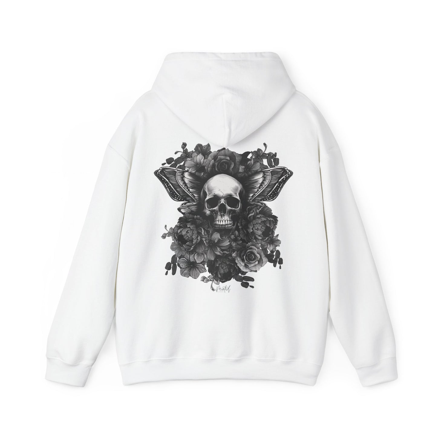 Unisex Hoodie with Skull, Moth Wings, and Tattoo Style Flowers, Painted Love Customs Logo, Greyscale Flowers