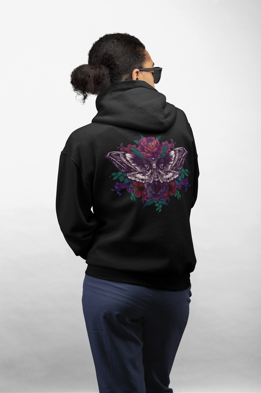 Tattoo Style Deaths Head Moth and Flowers Hoodie, Deep Purple and Burgundy