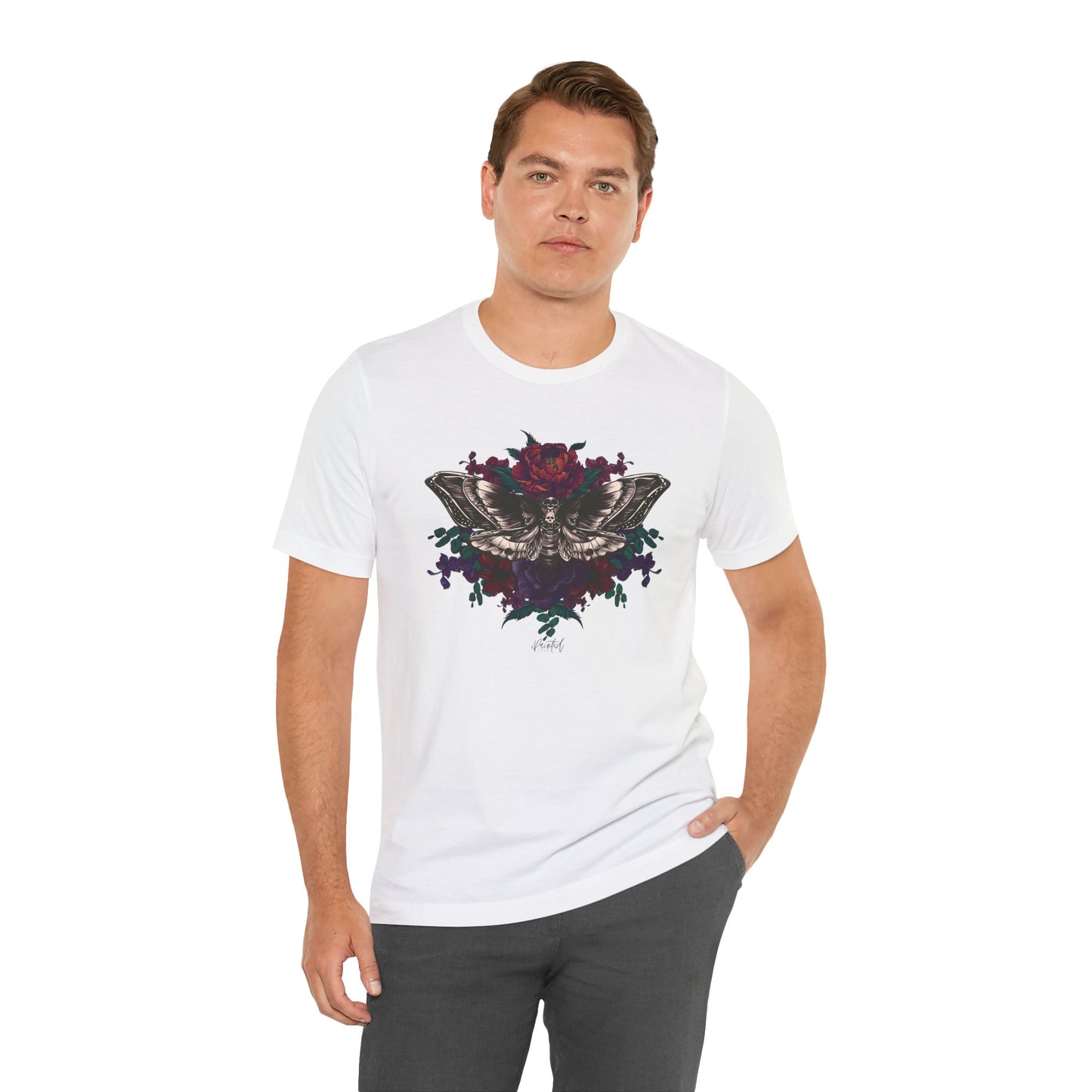 Deaths Head Moth Tattoo Style Floral Tshirt, Burgundy and Red