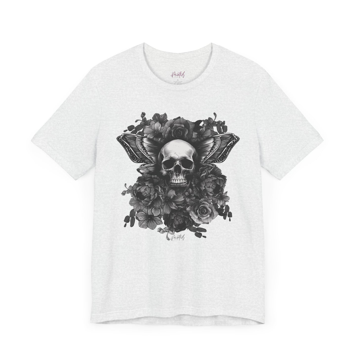 Floral Skull Tattoo Style Tee, Greyscale flowers