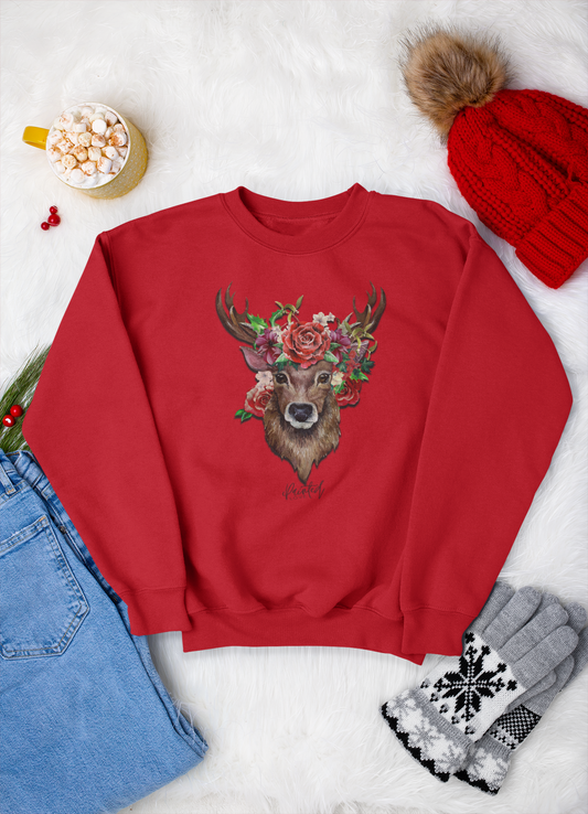 Christmas Sweatshirt, Deer and Flowers