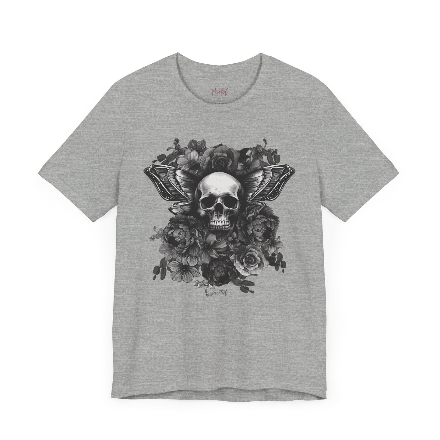 Floral Skull Tattoo Style Tee, Greyscale flowers