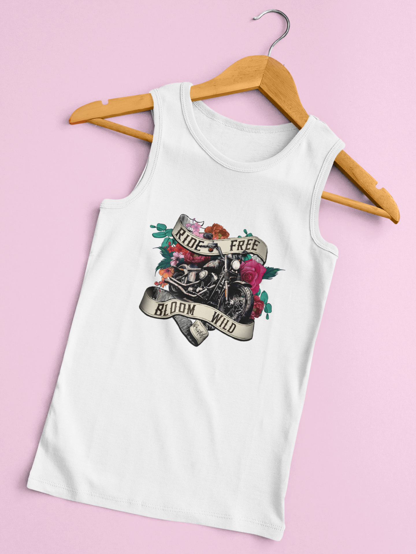 Tank Top with Tattoo Style Motorcycle and Flowers Design