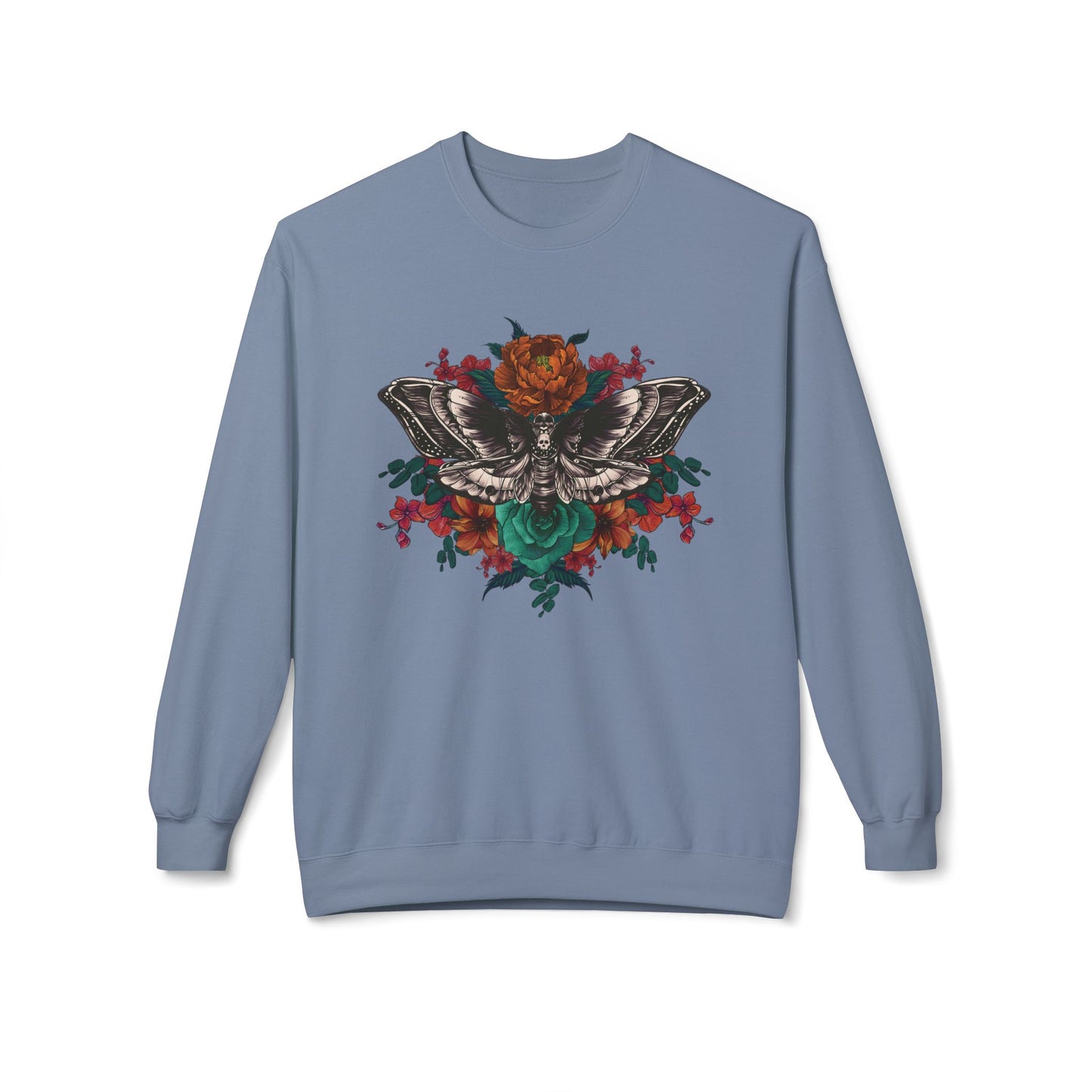 Moth and Flowers Tattoo Sweatshirt, Bright Red and Orange Flowers