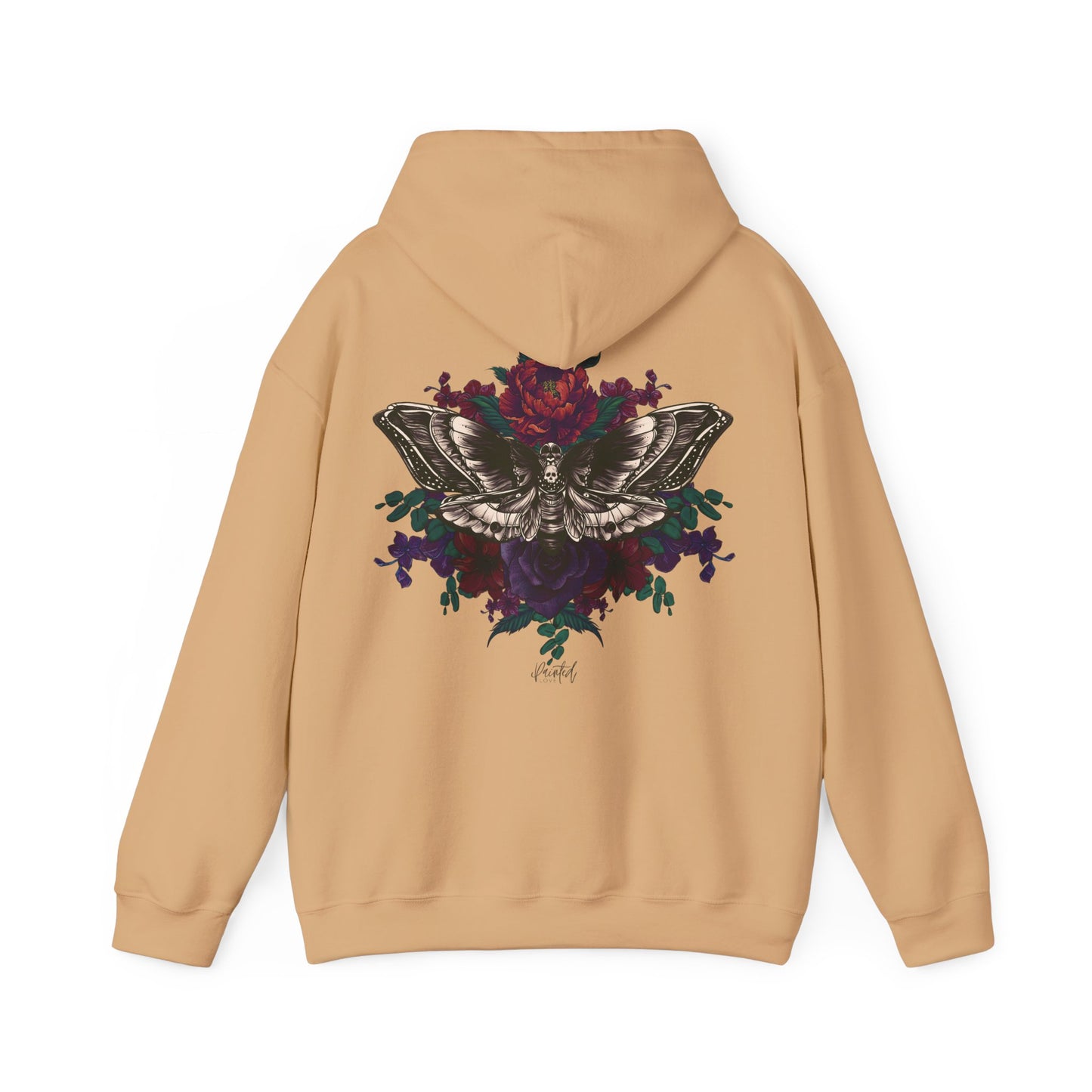 Tattoo Style Deaths Head Moth and Flowers Hoodie, Deep Purple and Burgundy