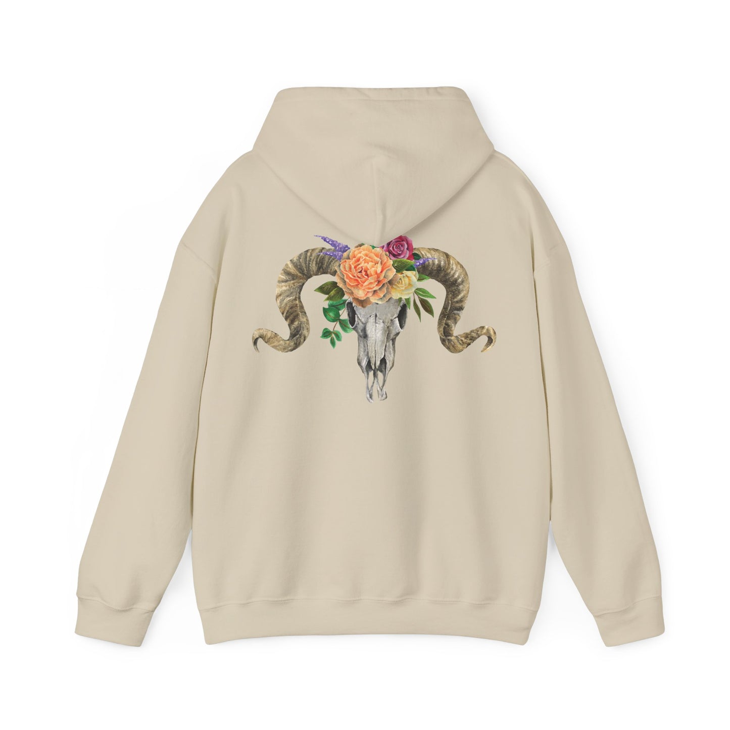 Ram Skull Back Hoodie, Peach Flowers