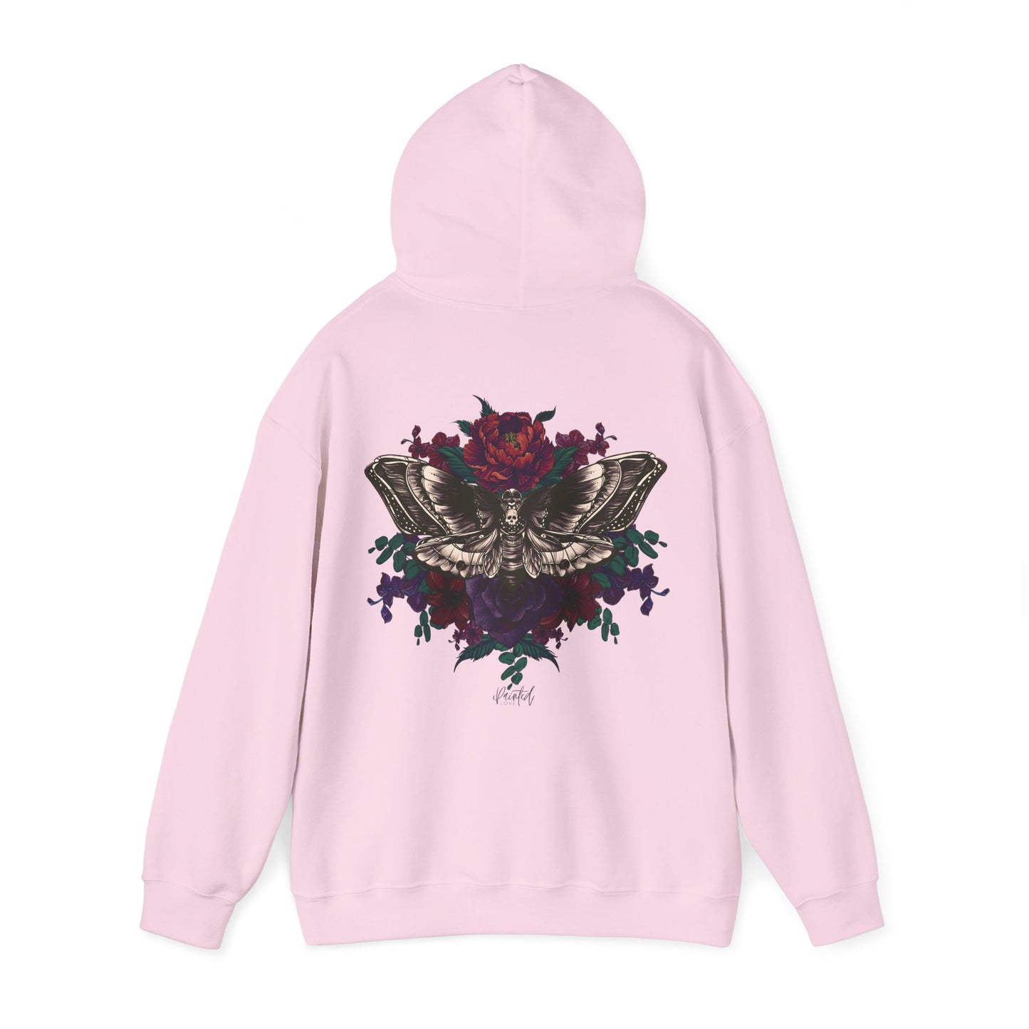 Tattoo Style Deaths Head Moth and Flowers Hoodie, Deep Purple and Burgundy