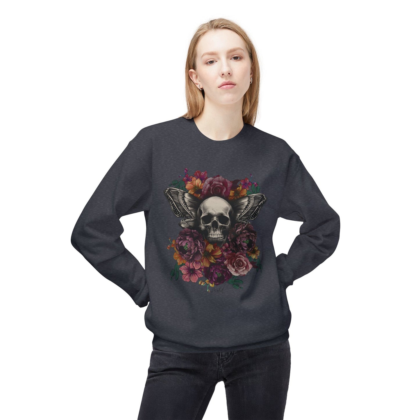 Skull Moth Wings Tattoo Flowers Sweatshirt - Painted Love Customs