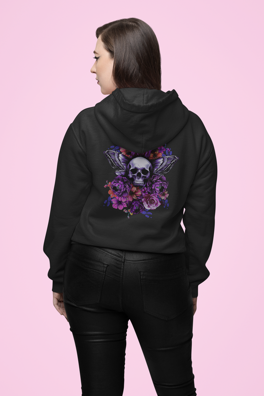 Unisex Hoodie with Skull, Moth Wings, and Tattoo Style Flowers, Painted Love Customs Logo, Neon Flowers