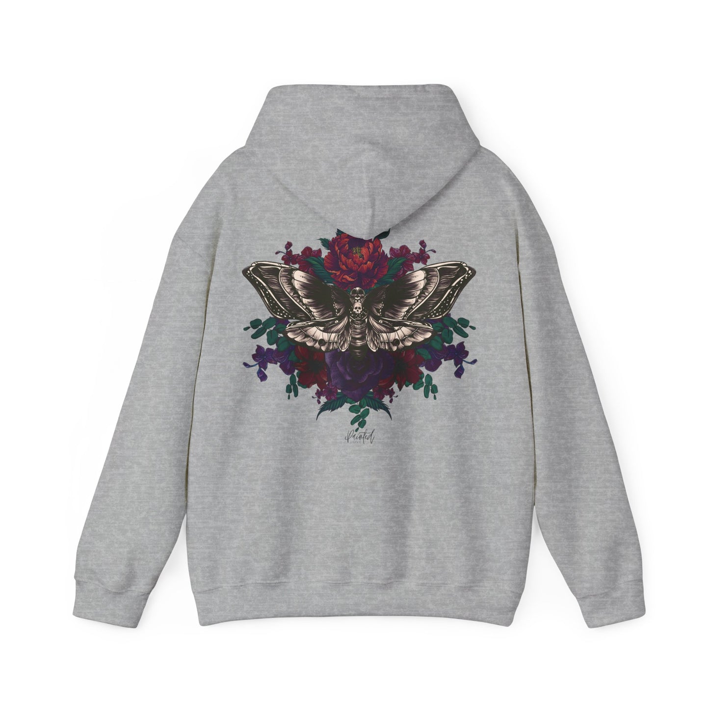 Tattoo Style Deaths Head Moth and Flowers Hoodie, Deep Purple and Burgundy