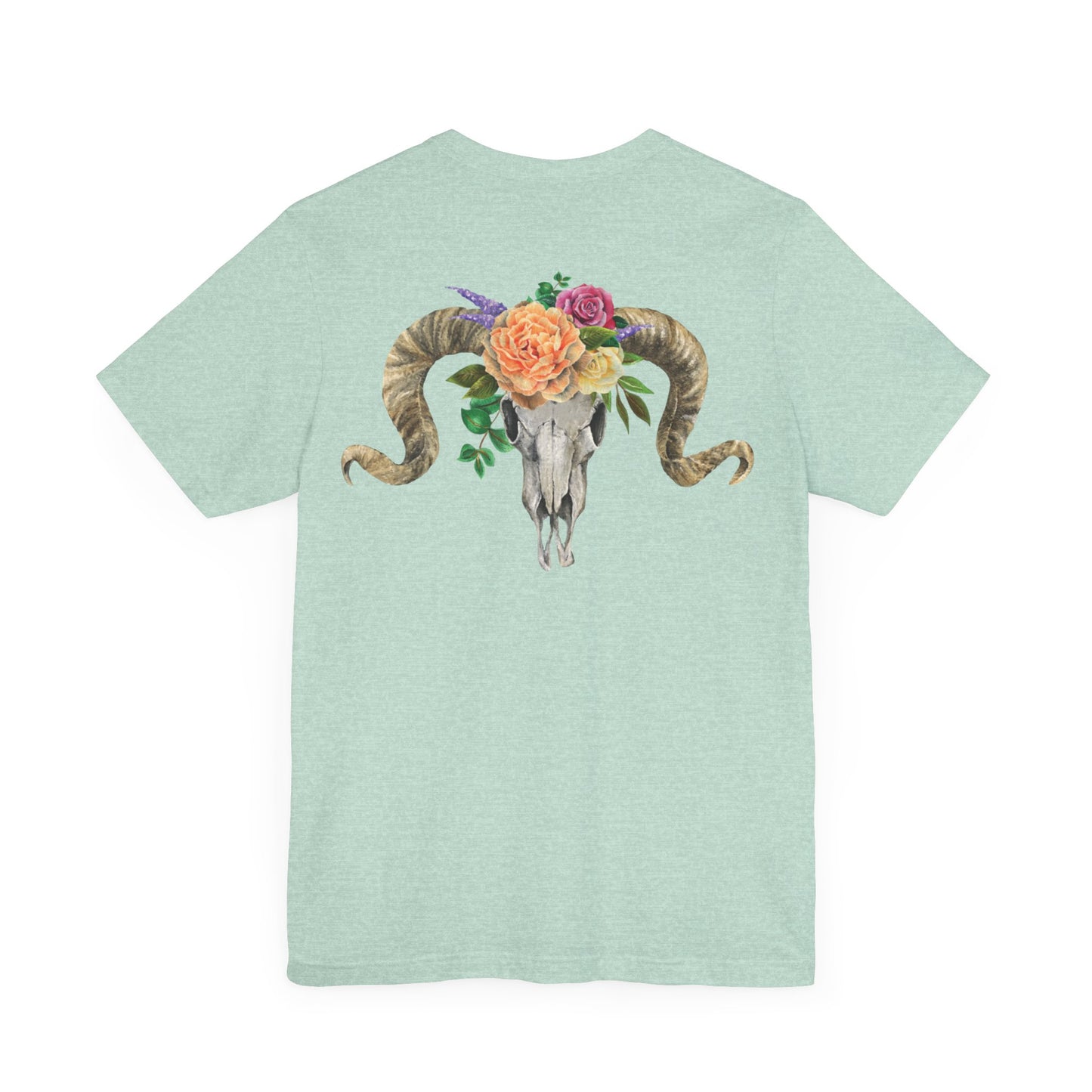 Ram Skull Back Unisex Tee, Peach Flowers