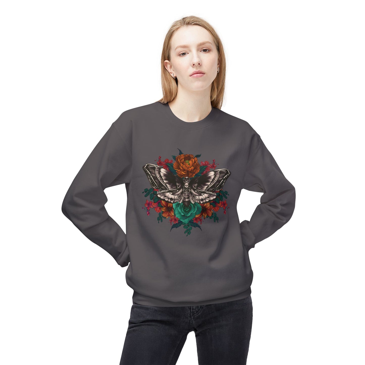 Moth and Flowers Tattoo Sweatshirt, Bright Red and Orange Flowers