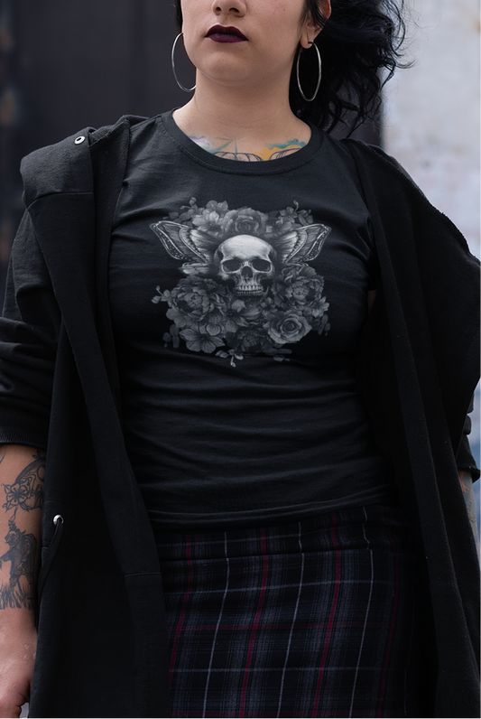 Floral Skull Tattoo Style Tee, Greyscale flowers