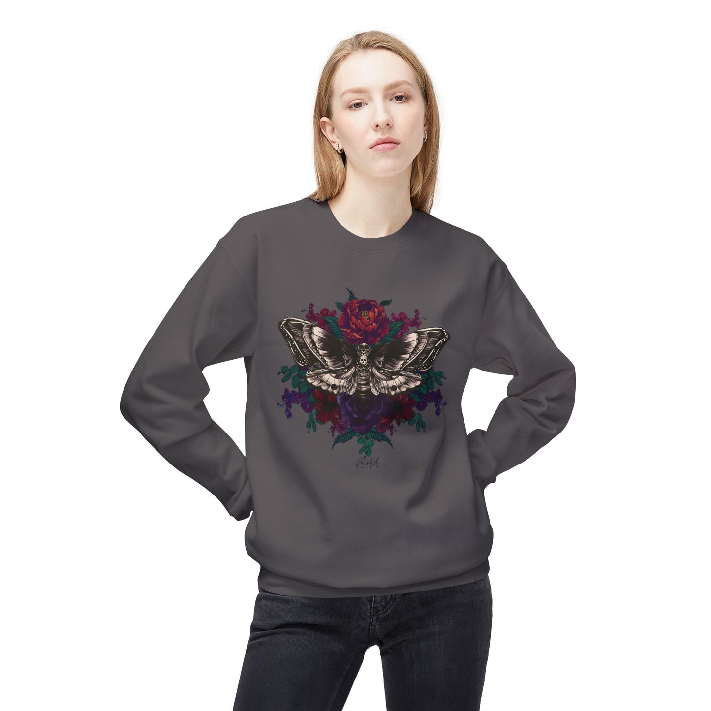 Moth and Flowers Tattoo Sweatshirt, Deep Red and Burgundy Flowers