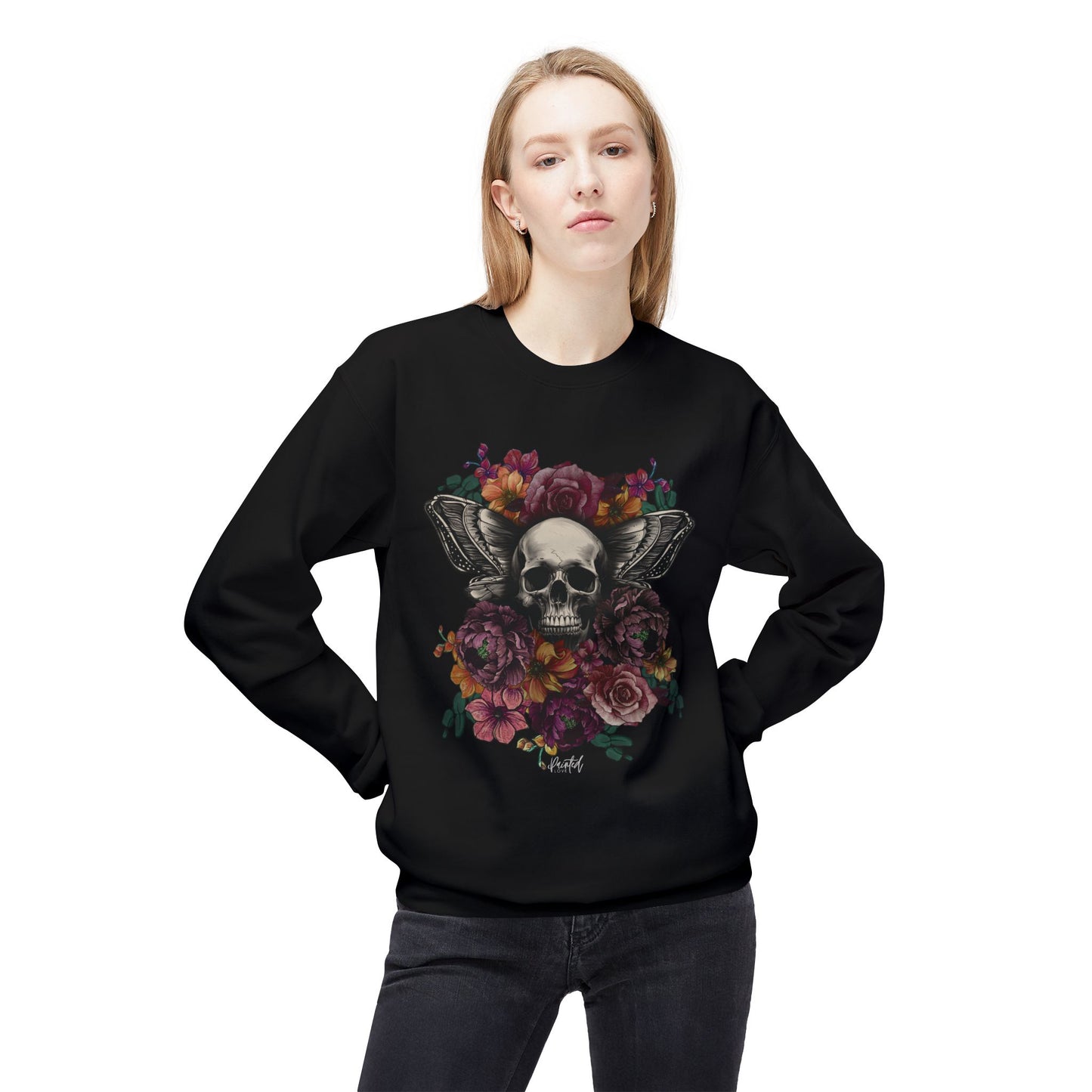 Skull Moth Wings Tattoo Flowers Sweatshirt - Painted Love Customs