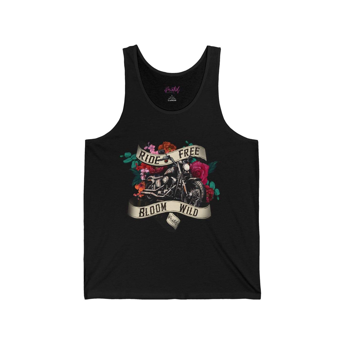 Tank Top with Tattoo Style Motorcycle and Flowers Design