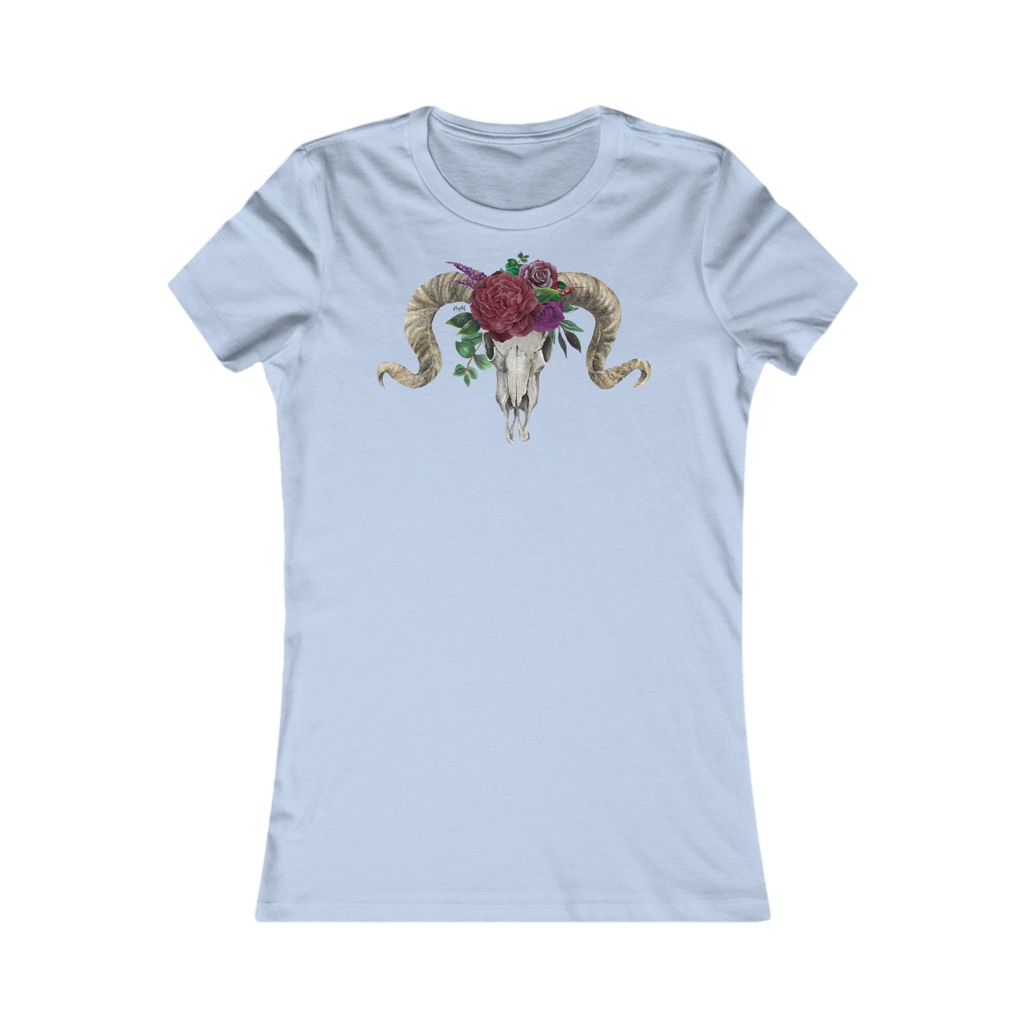 Women's Fitted Tee, Ram Skull and Burgundy Flowers