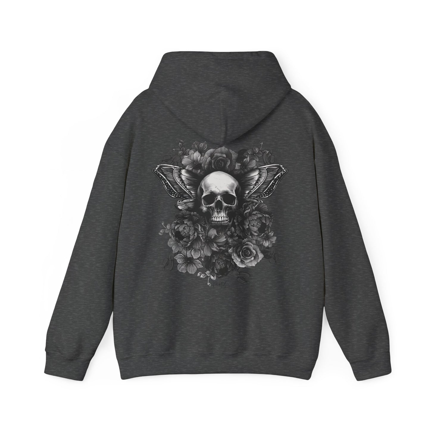 Unisex Hoodie with Skull, Moth Wings, and Tattoo Style Flowers, Painted Love Customs Logo, Greyscale Flowers