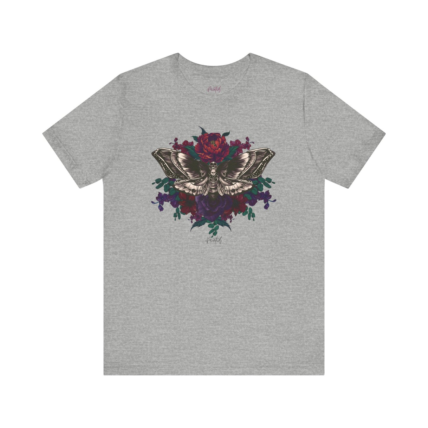 Deaths Head Moth Tattoo Style Floral Tshirt, Burgundy and Red