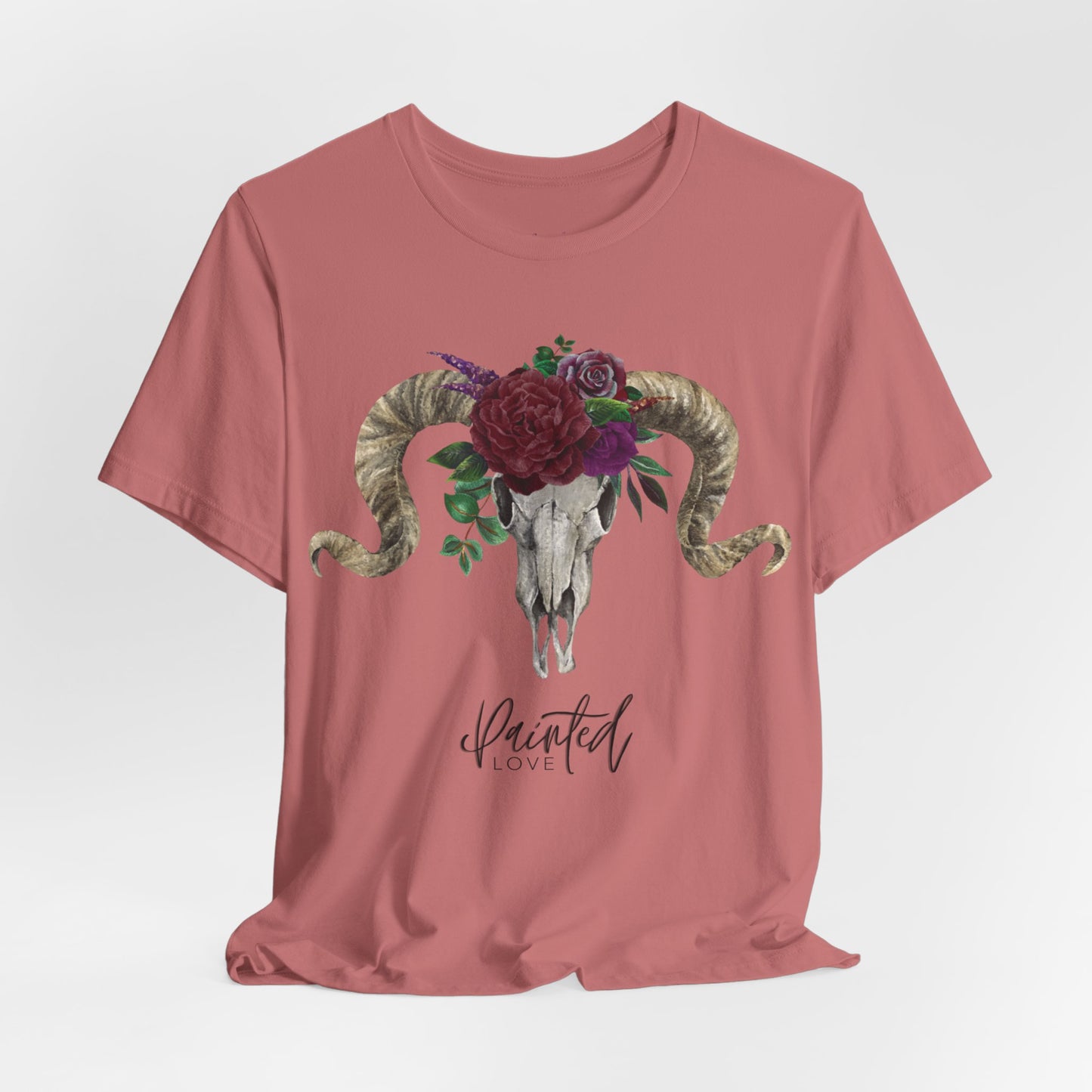 Ram Skull and flowers Unisex Tee, Burgundy Flowers