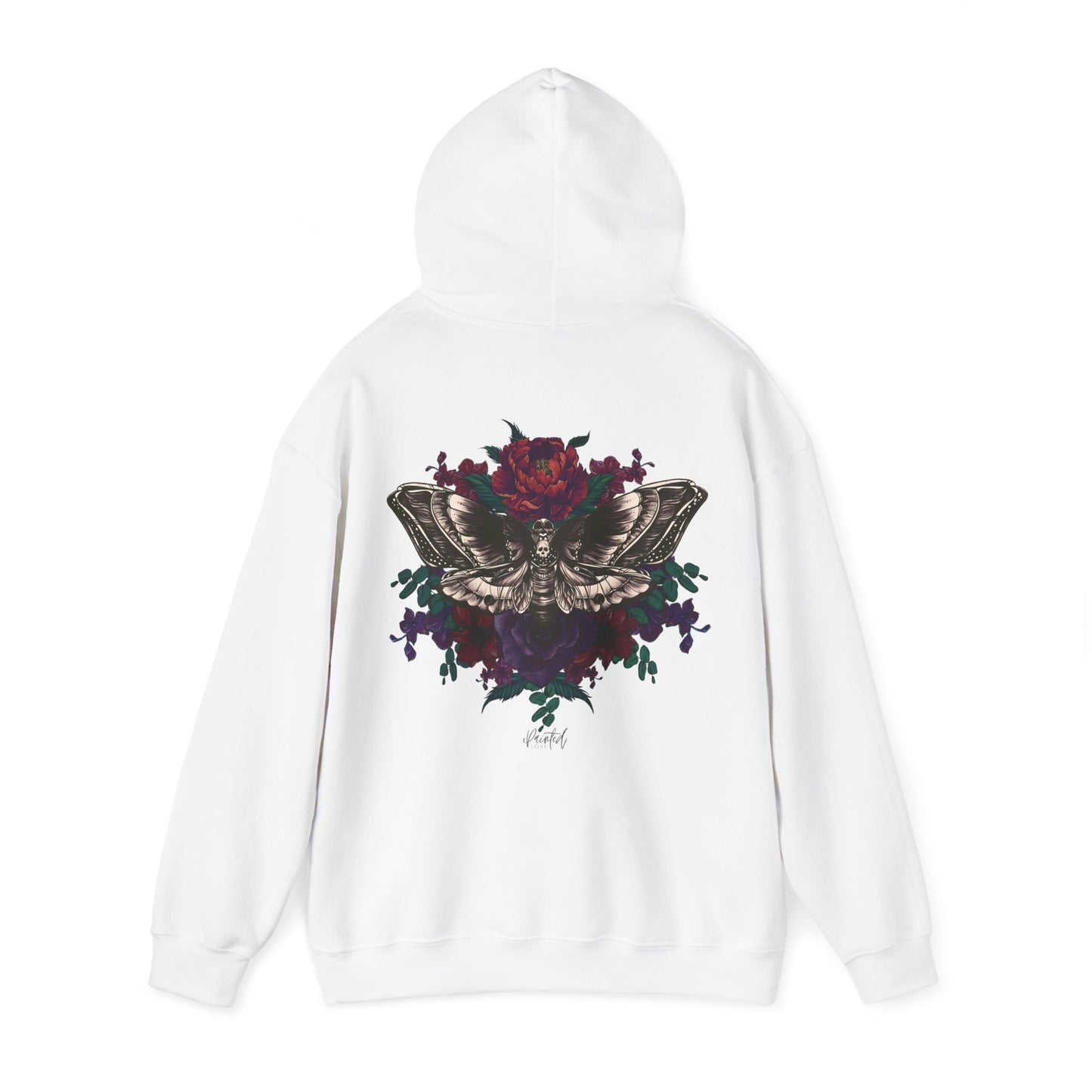 Tattoo Style Deaths Head Moth and Flowers Hoodie, Deep Purple and Burgundy