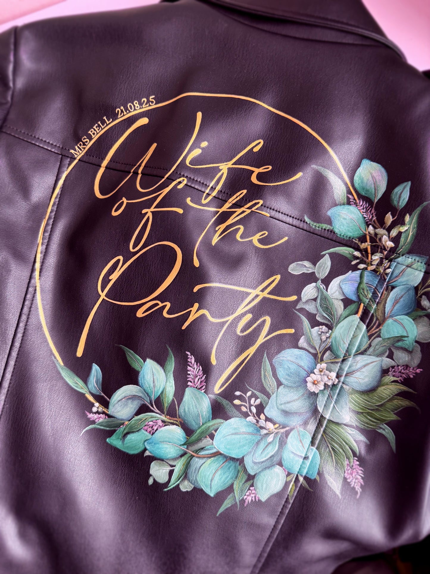 Hand Painted Leather Jacket. Foliage and Gold Hoop Design. Leather Jacket Painting Service