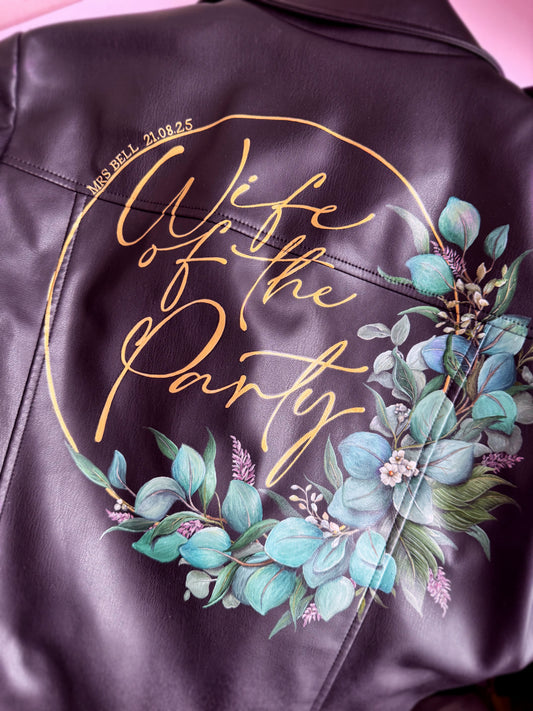 Hand Painted Leather Jacket. Foliage and Gold Hoop Design. Leather Jacket Painting Service