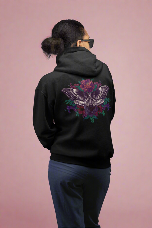 Tattoo Style Deaths Head Moth and Flowers Hoodie, Deep Purple and Burgundy