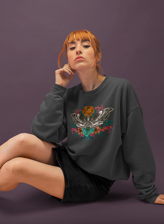 Moth and Flowers Tattoo Sweatshirt, Bright Red and Orange Flowers