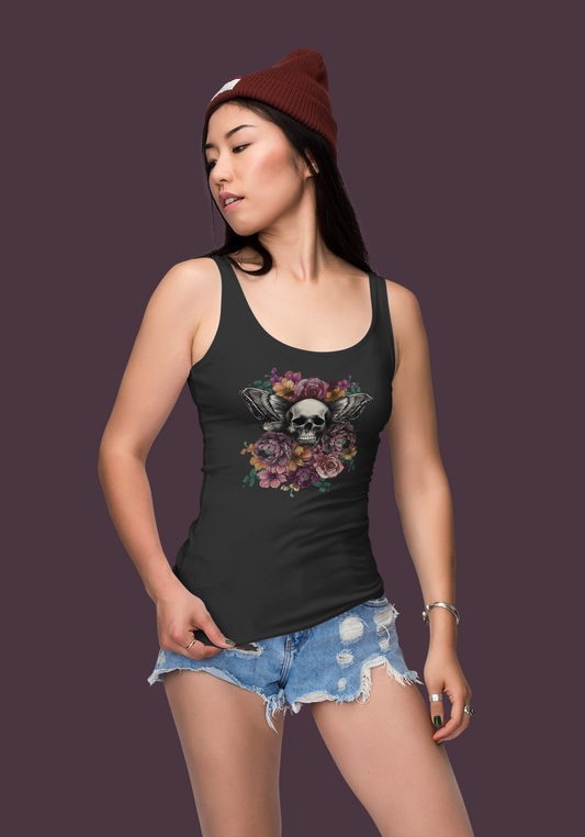 Tank Top with Tattoo Style Skull and Flowers Design