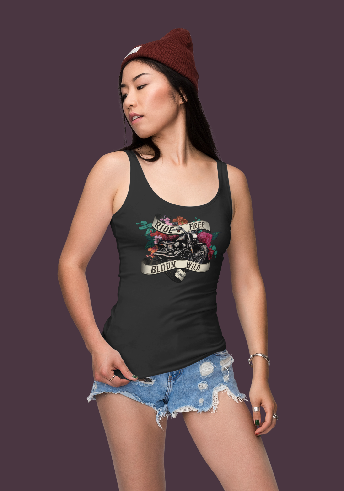 Tank Top with Tattoo Style Motorcycle and Flowers Design