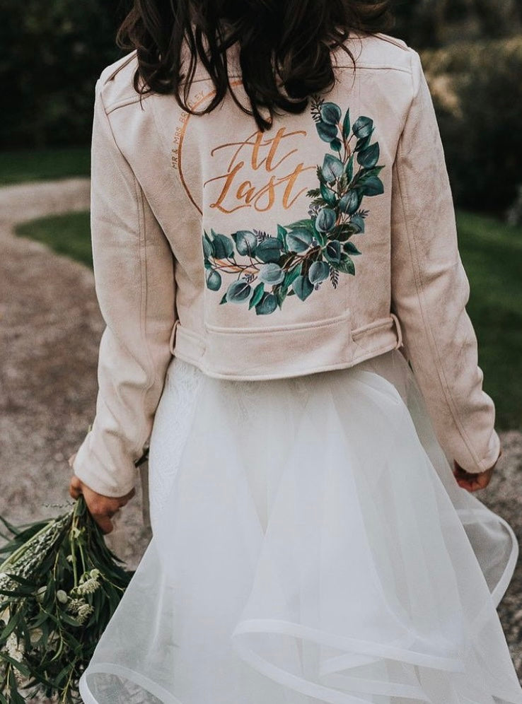 Hand Painted Leather Jacket. Foliage and Gold Hoop Design. Leather Jacket Painting Service