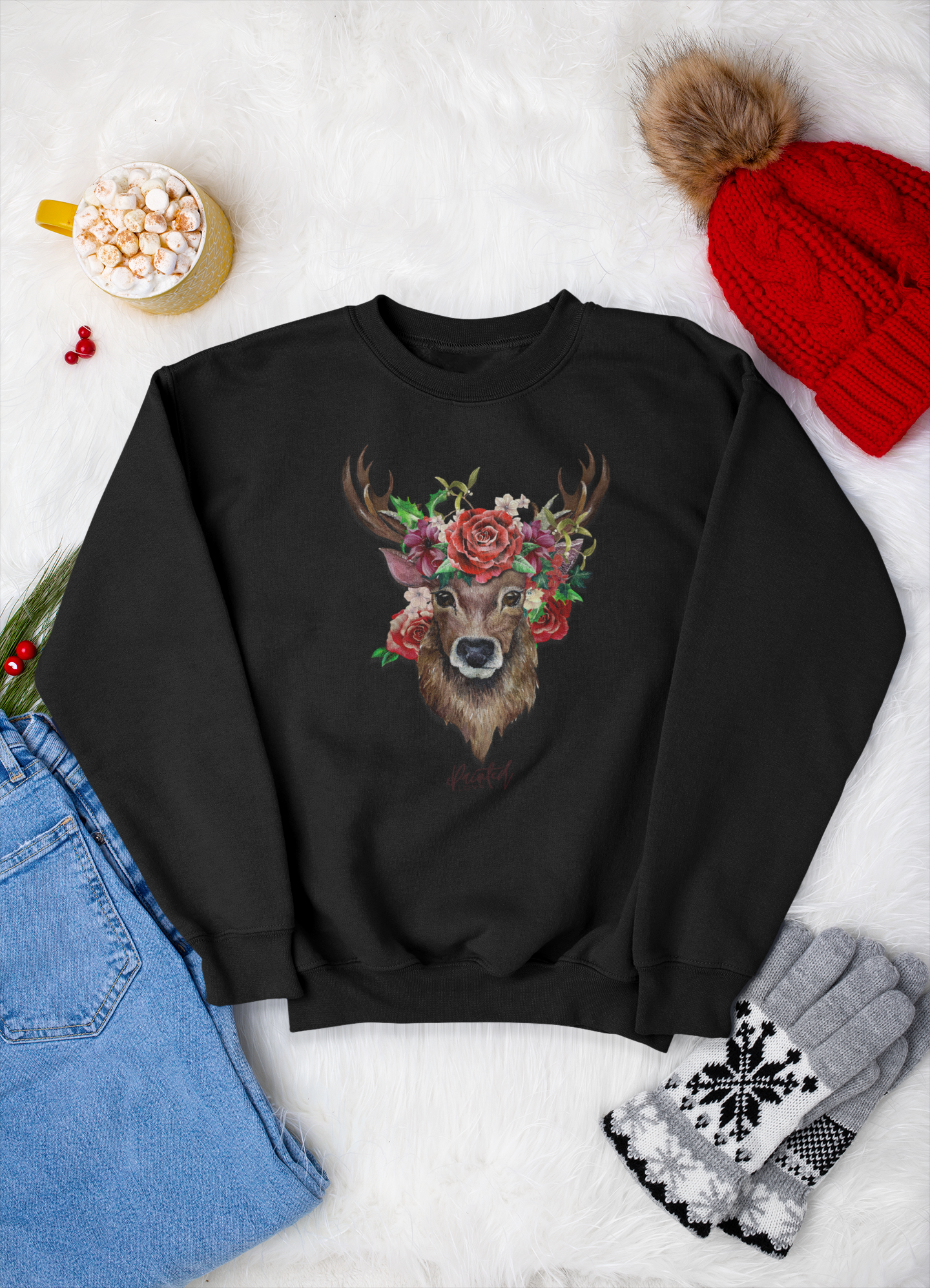 Christmas Sweatshirt, Deer and Flowers