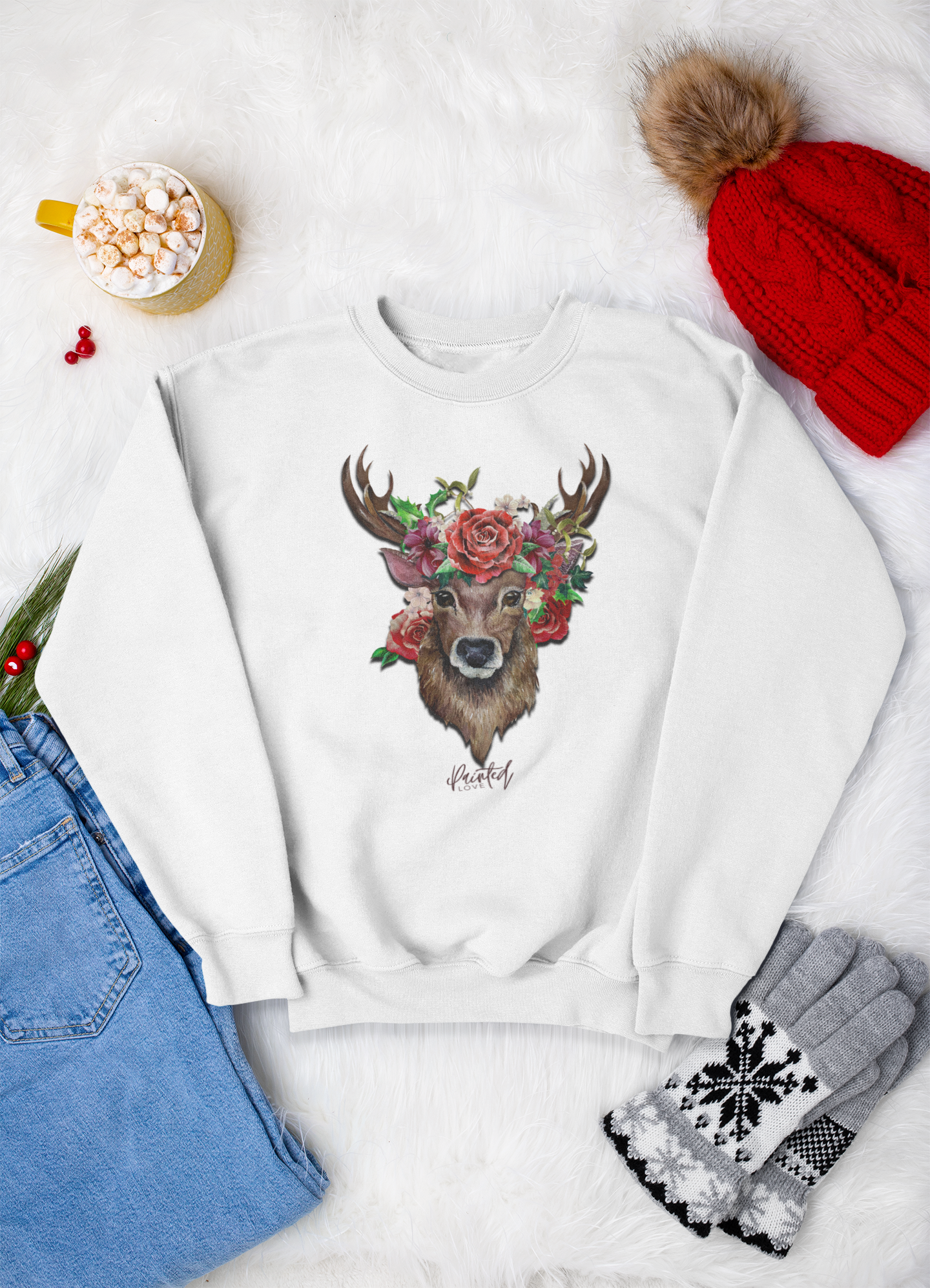 Christmas Sweatshirt, Deer and Flowers