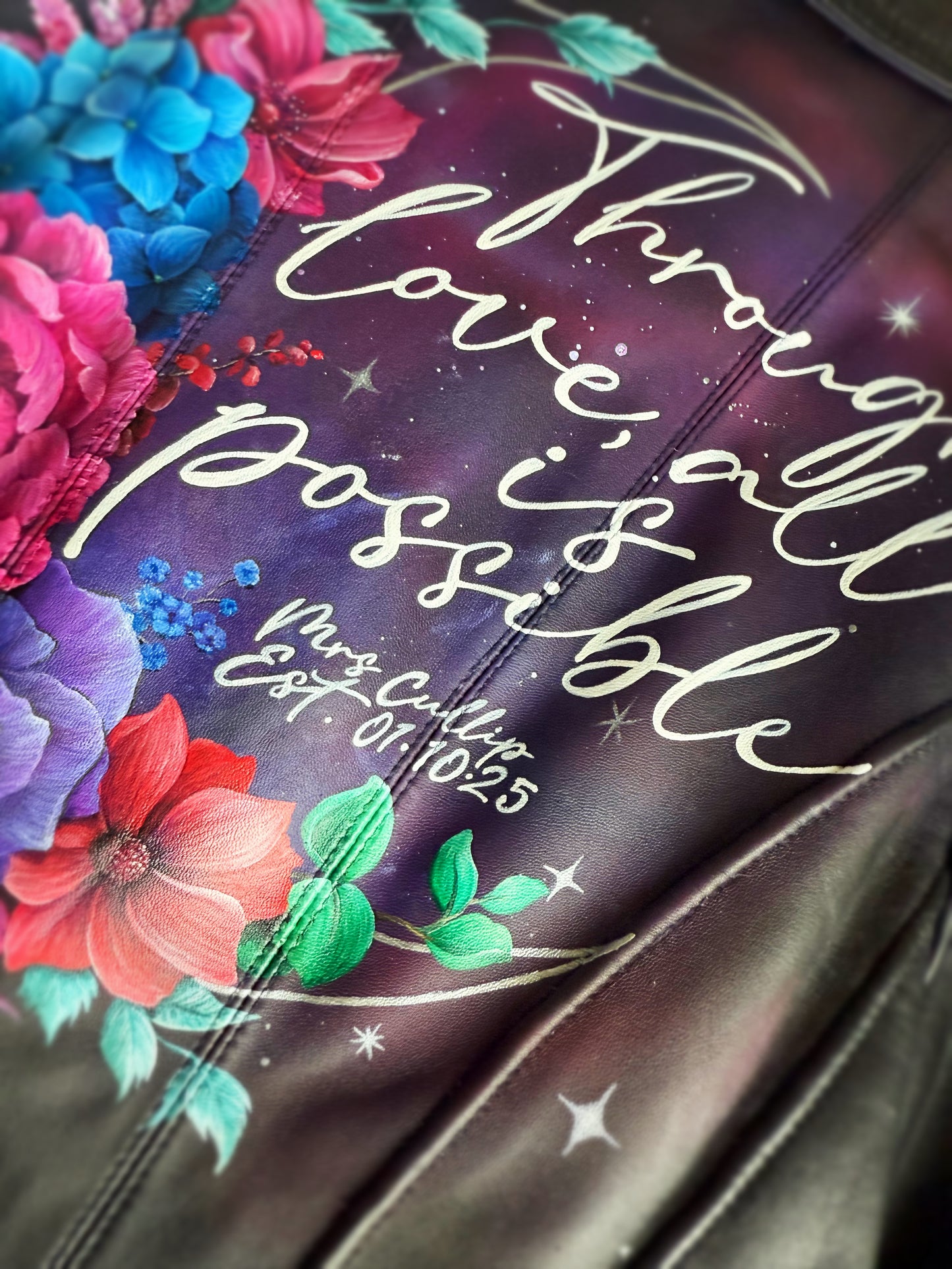 Hand Painted Leather Jacket. Galaxy and crescent design. Leather Jacket Painting Service