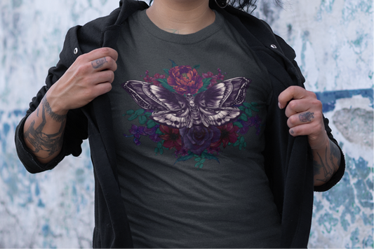 Deaths Head Moth Tattoo Style Floral Tshirt, Burgundy and Red