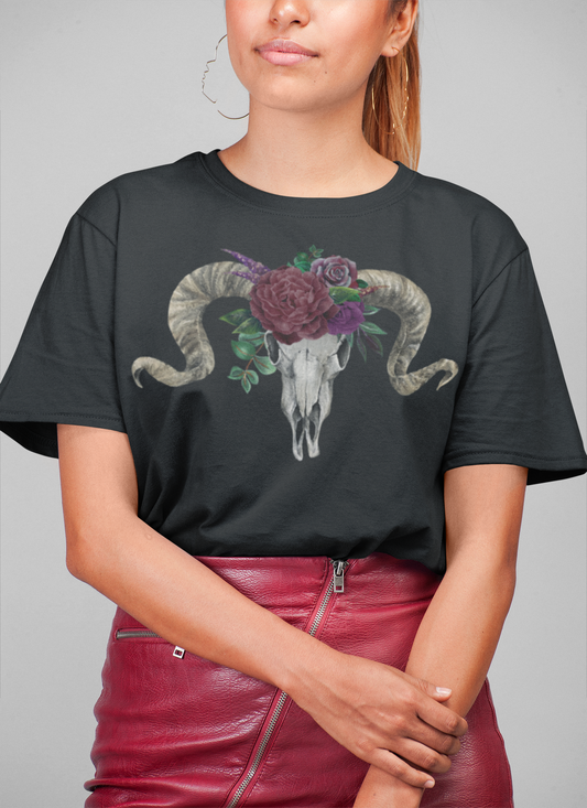 Ram Skull and flowers Unisex Tee, Burgundy Flowers