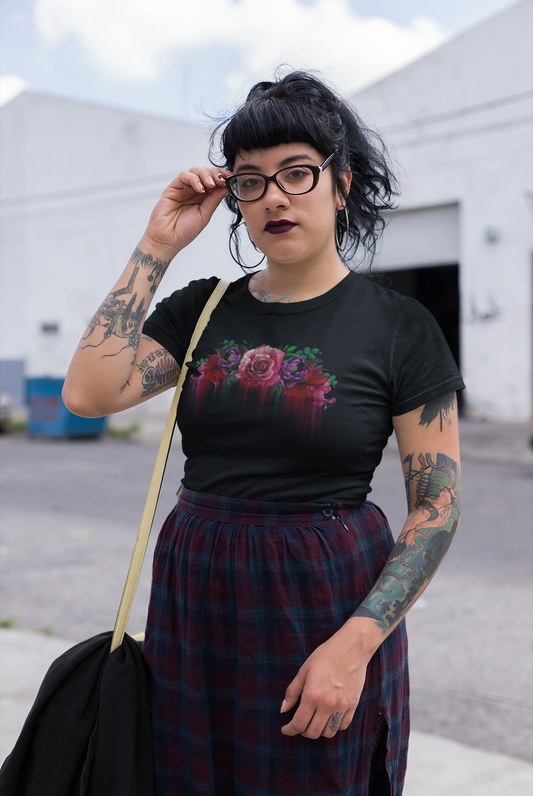 Floral Tee with Deep Red and Pink Flowers - Unisex Jersey Short Sleeve