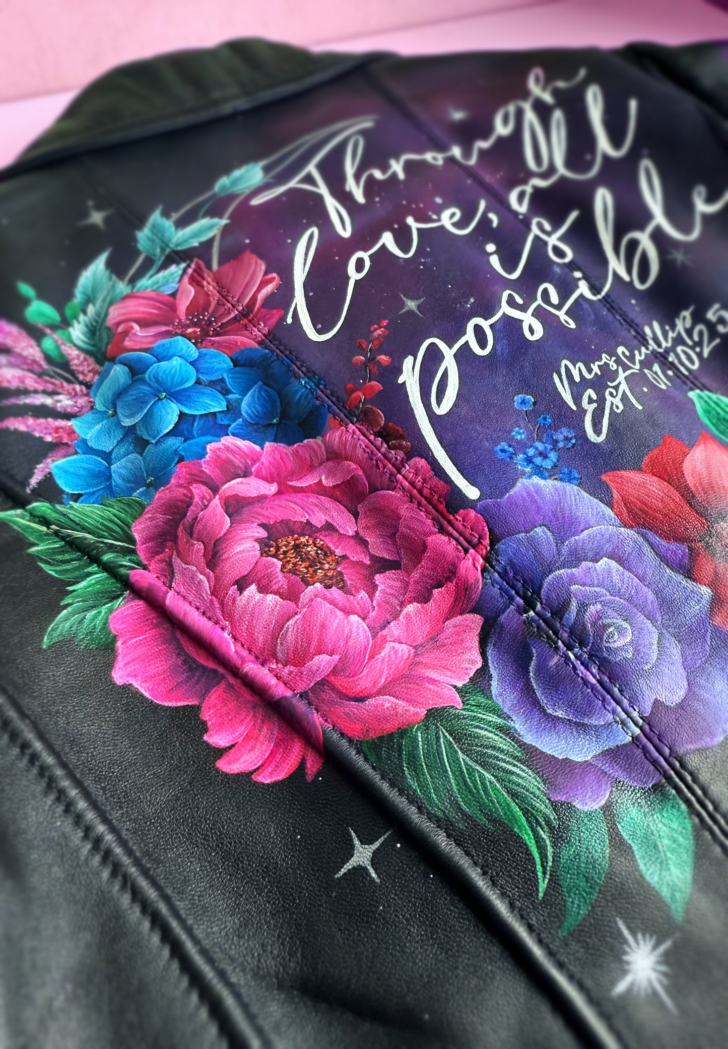 Hand Painted Leather Jacket. Galaxy and crescent design. Leather Jacket Painting Service