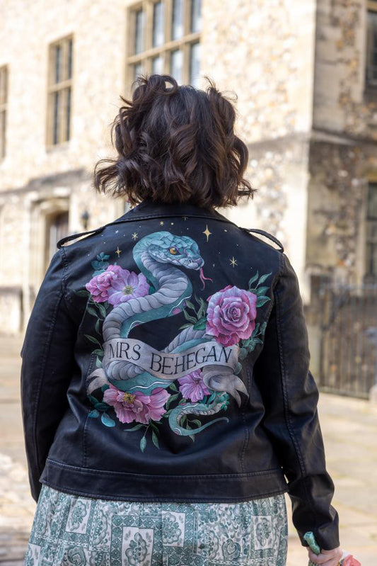 Hand Painted Leather Jacket. Snake, Scroll and Flowers. Leather Jacket Painting Service