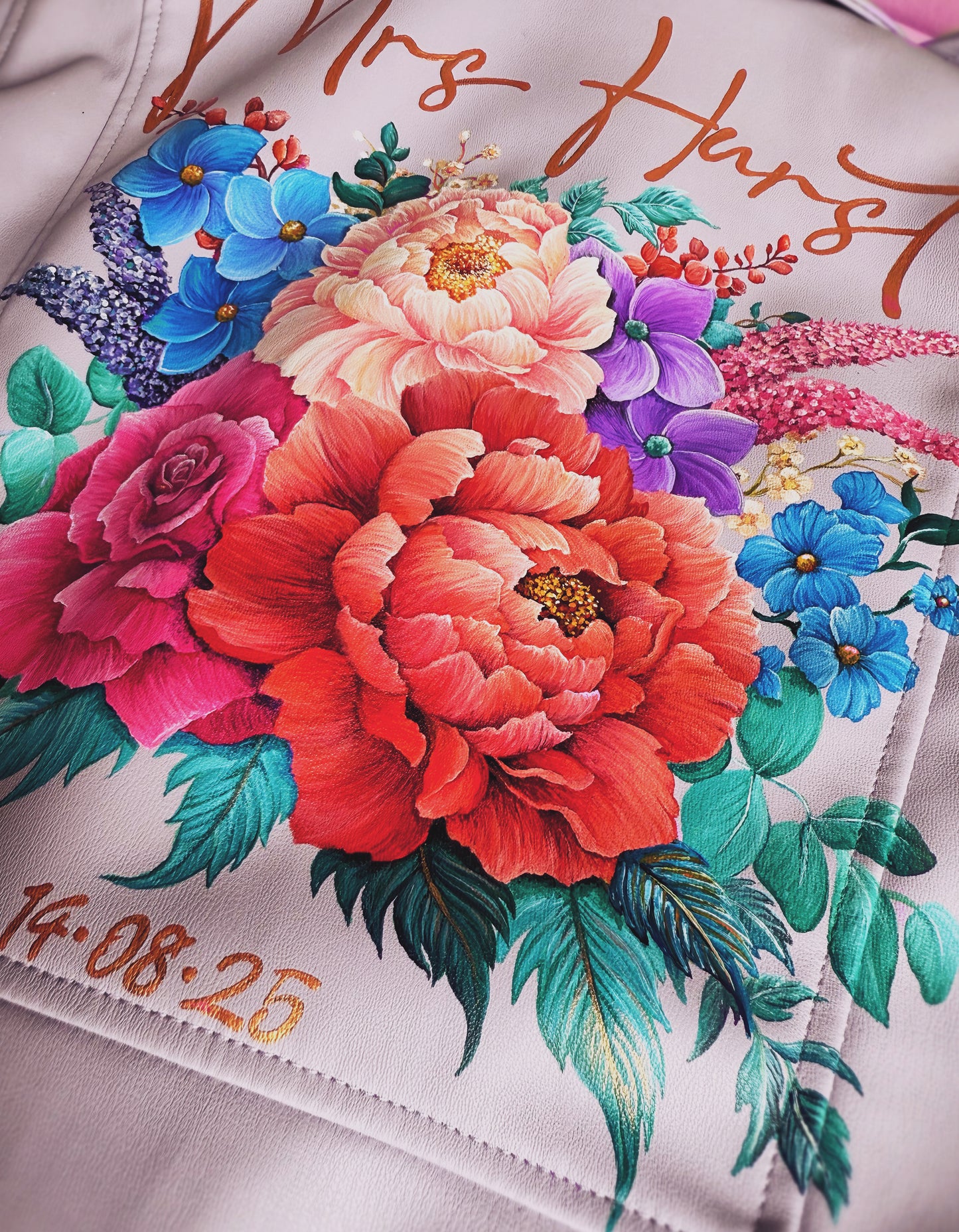 Hand Painted Leather Jacket. Peony and Rose Bouquet. Leather Jacket Painting Service