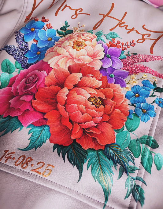 Hand Painted Leather Jacket. Peony and Rose Bouquet. Leather Jacket Painting Service