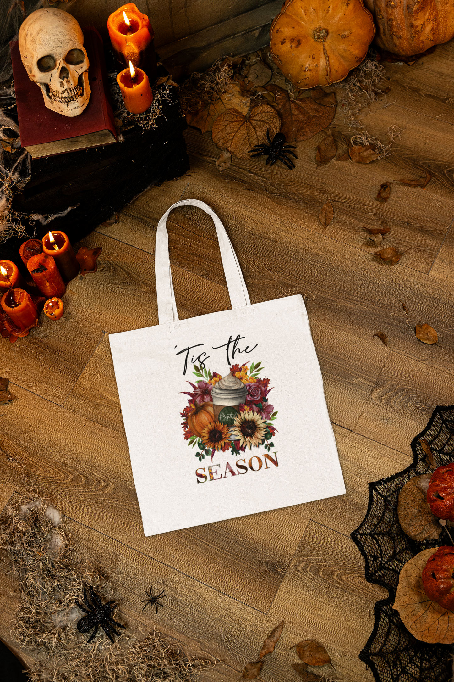 “‘Tis the Season” Pumpkin Spice Latte inspired Halloween Tote Bag