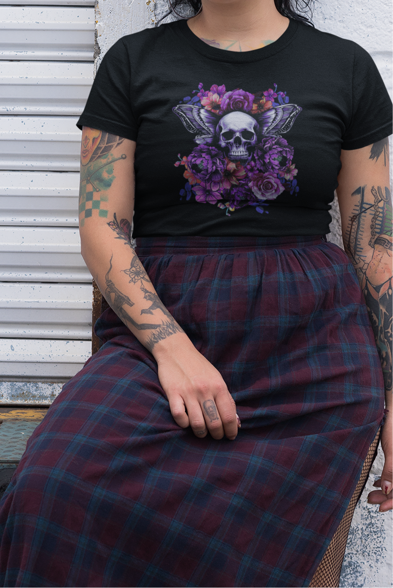 Floral Skull Tattoo Style Tee, Neon flowers