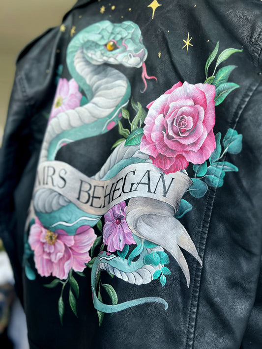 Hand Painted Leather Jacket, Snake and Scroll Design