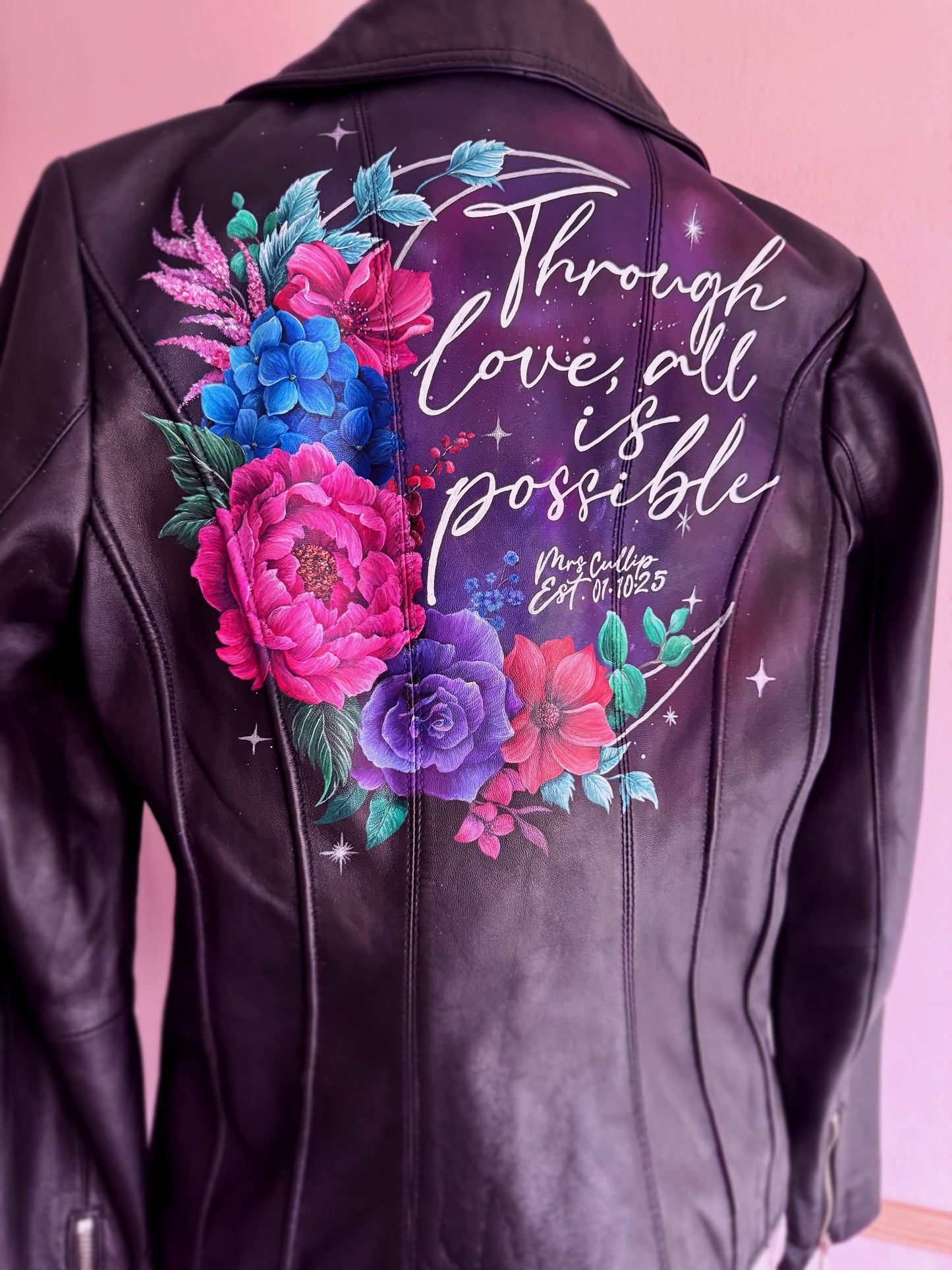 Hand Painted Leather Jacket. Galaxy and crescent design. Leather Jacket Painting Service