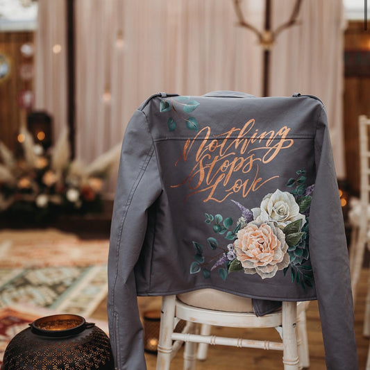 Hand Painted Leather Jacket. Roses and Eucalyptus Bouquet. Leather Jacket Painting Service