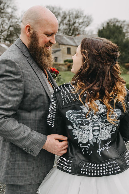 Death's-Head Hawkmoth Hand Painted Leather Jacket with Tattoo Style Flowers. Leather Jacket Painting Service